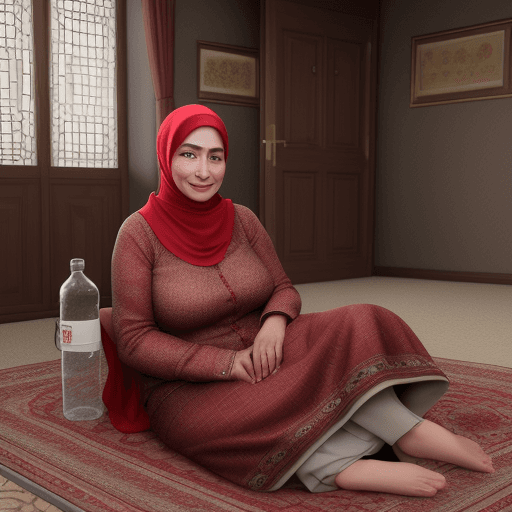 AI generated: 52 years old Turkish woman with hijab, very realistic textures, beautiful face and smiling, red chee...