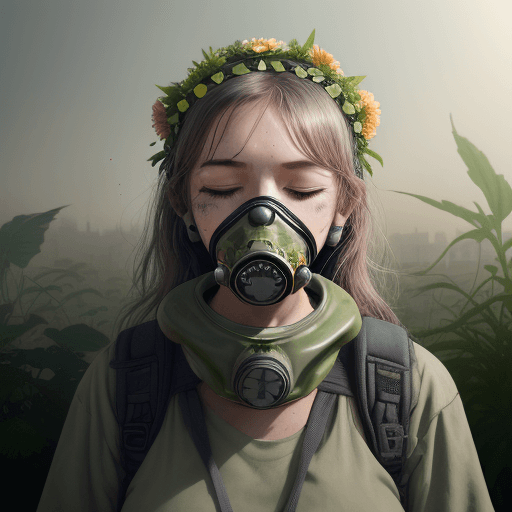 AI generated: Woman with flower crown on her head and gas mask on her face, plant growing out of her mouth, plant ...