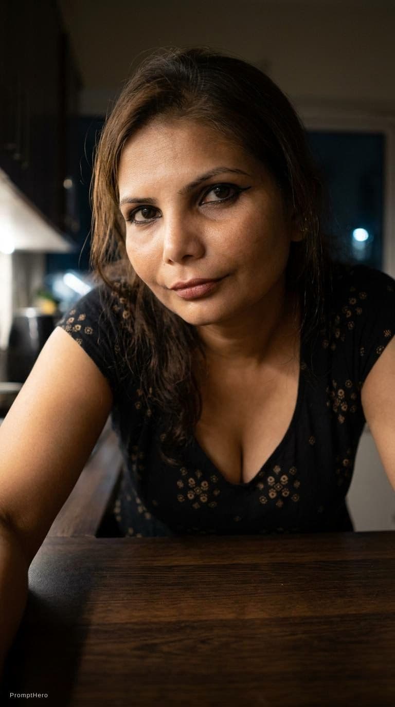 AI generated: looking at me.  Leans over on a kitchen  desk at night(no lights), wearing same (cleavage) dress, te...