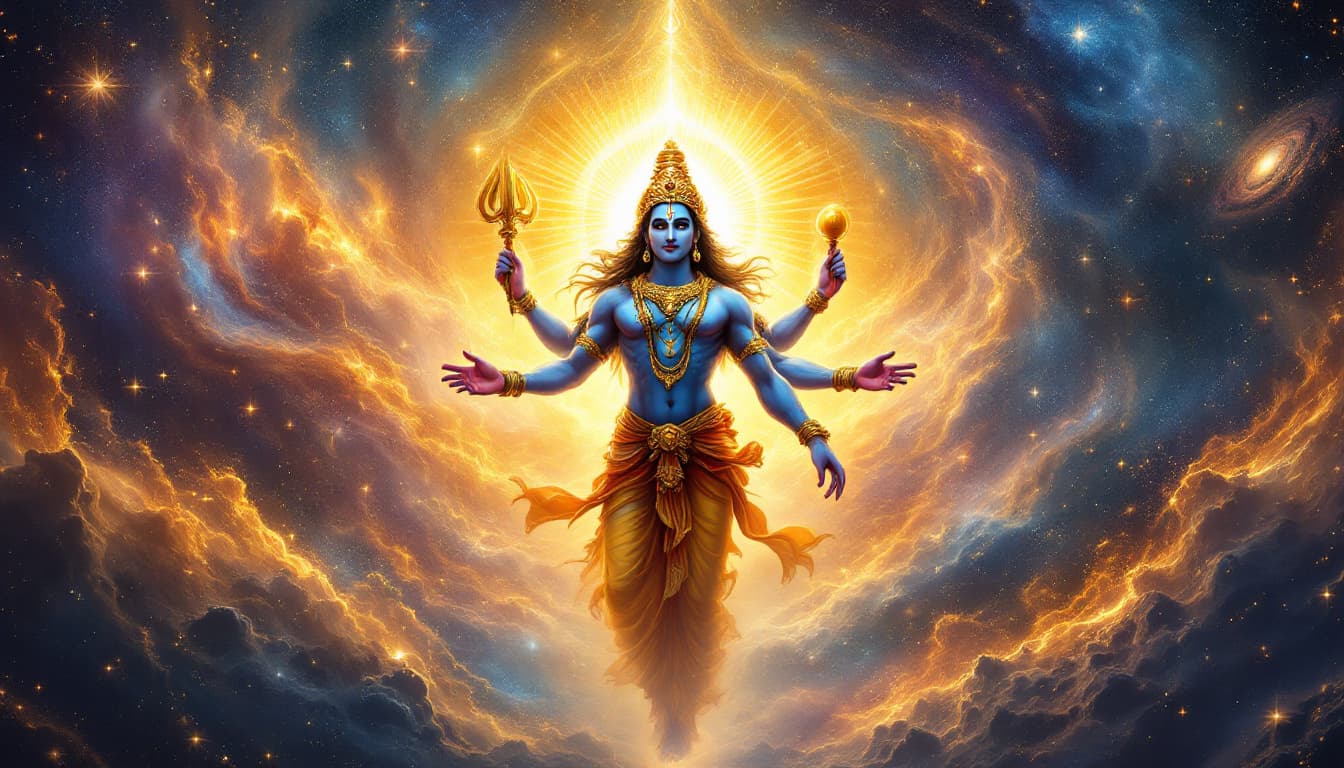 AI generated: "An awe-inspiring depiction of Lord Vishnu as the cosmic creator, radiating divine energy at the cen...