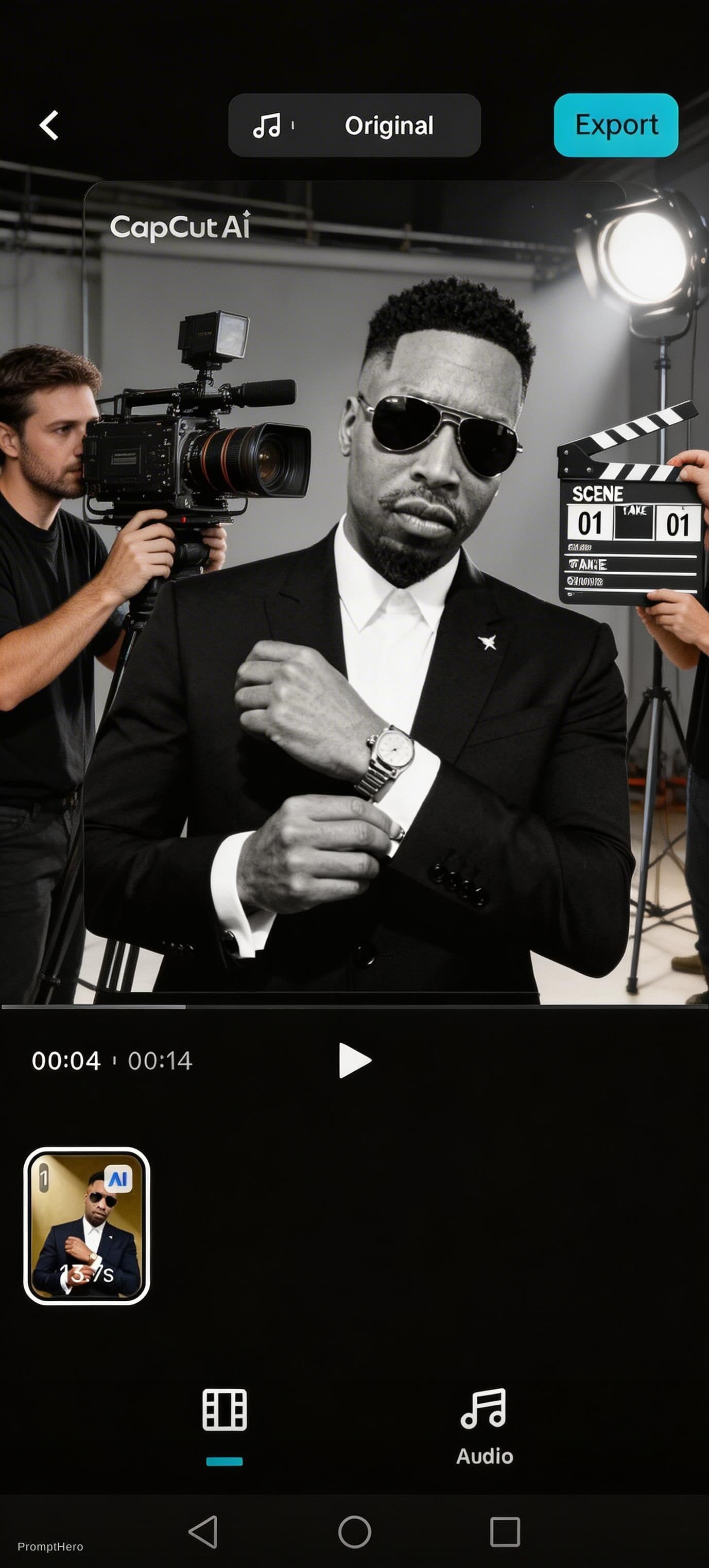 AI generated: black man playing a roll in a movie with Cameras and film makers 