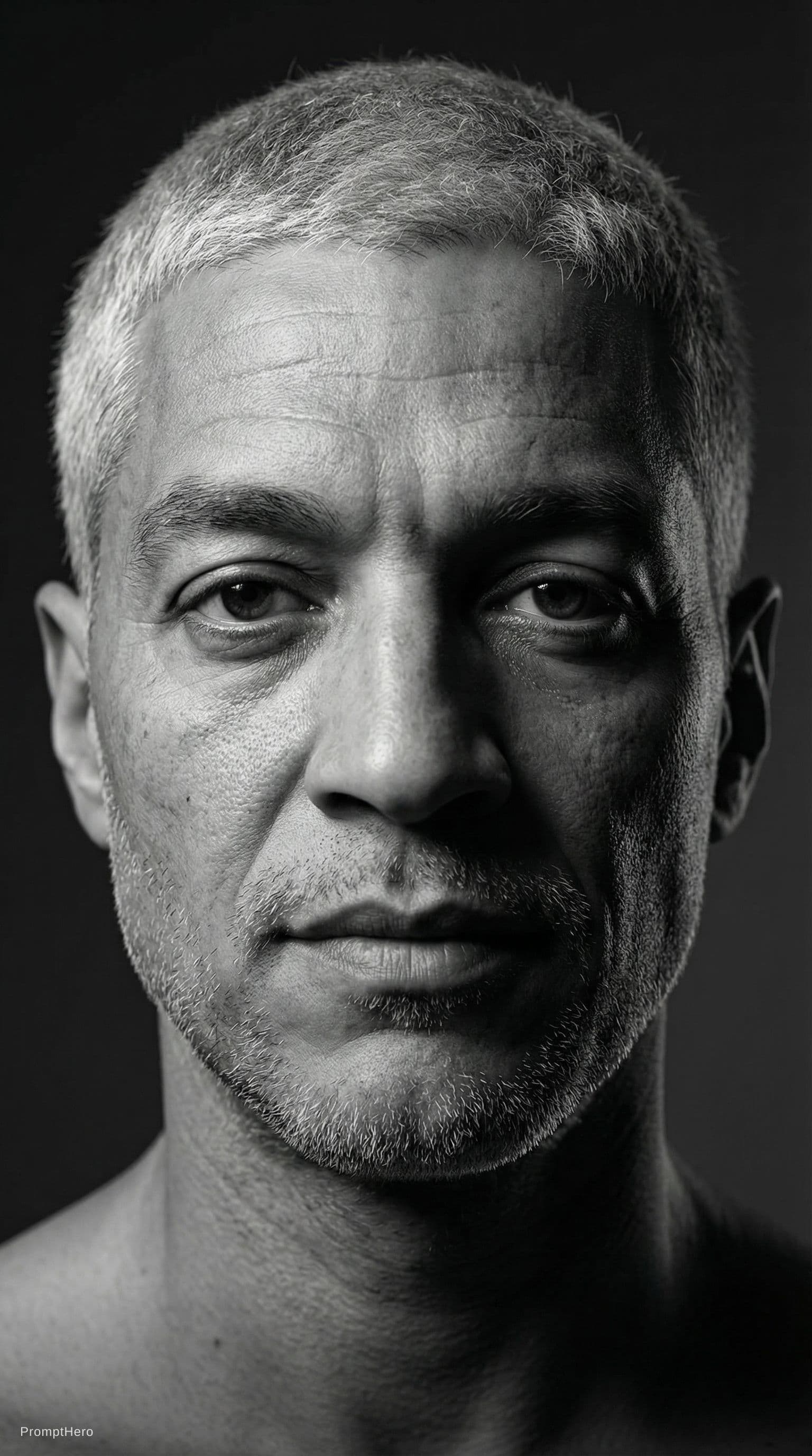 AI generated: High-definition black and white portrait of an attractive mature young man, 20–21 years old. Minimal...