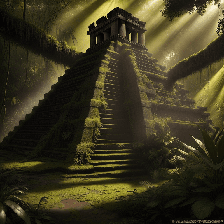 AI generated: (Masterpiece , Award Winning:1.2), Photo of a Hidden Ancient Aztec temple ruins, jungle, South Ameri...