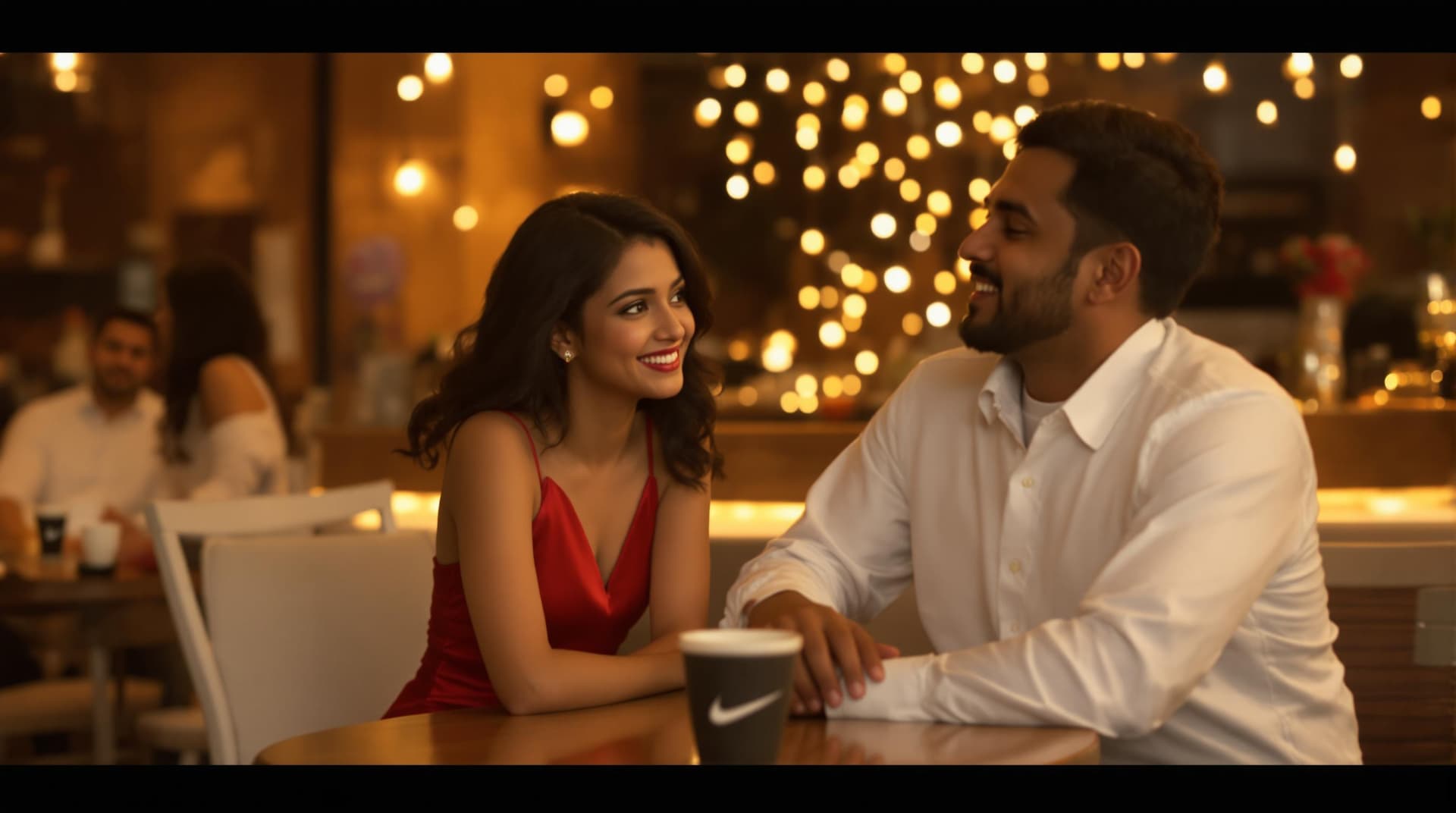 AI generated: (Cinematic UHD, over-the-shoulder shot of a young Indian woman wearing tight fitted Chic Scarlet Sat...
