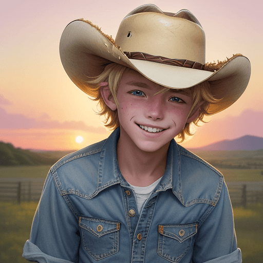 AI generated: Detailed digital painting of a 12-year-old boy with blonde, messy hair wearing a cowboy hat and deni...