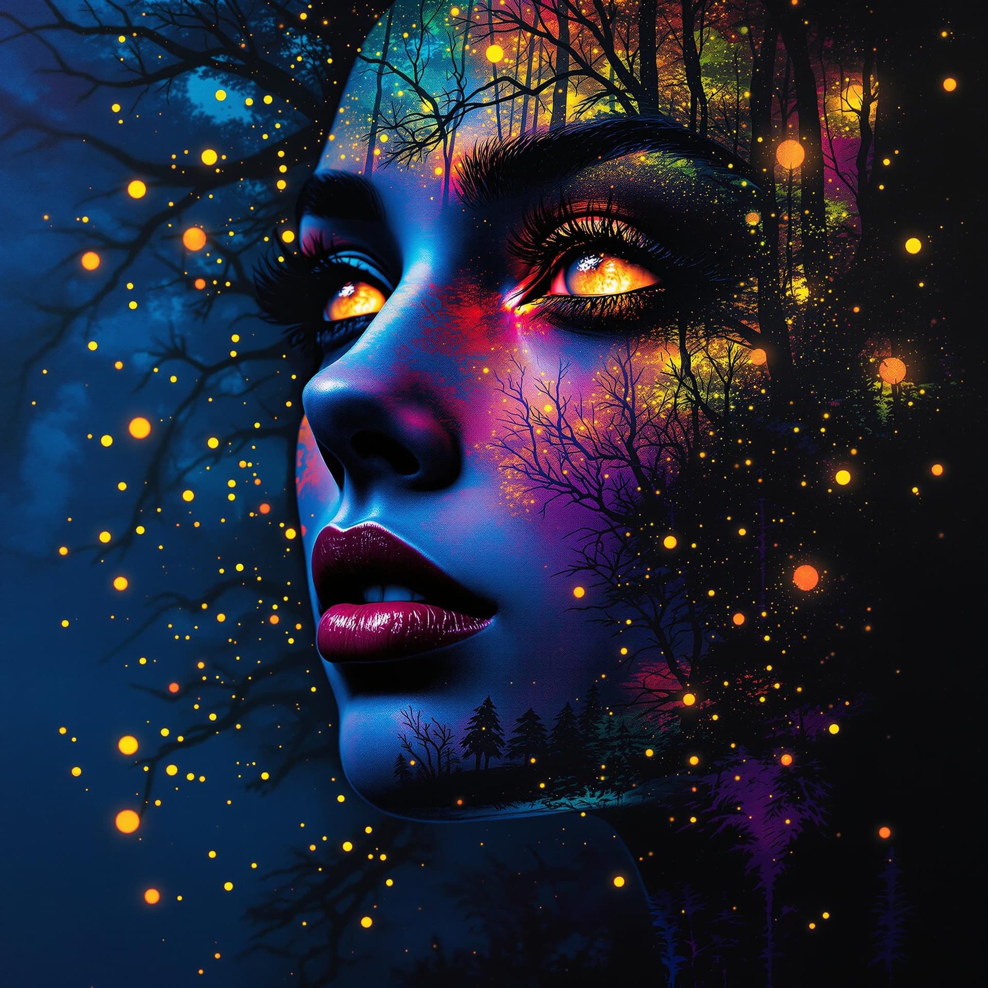 AI generated: A captivating abstract portrait of a woman's face that artfully blends her features with a nighttime...