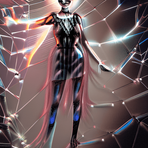AI generated: a stunning realistic photoshoot of young pale skin lady, webs intigrating into glow hair, spider and...