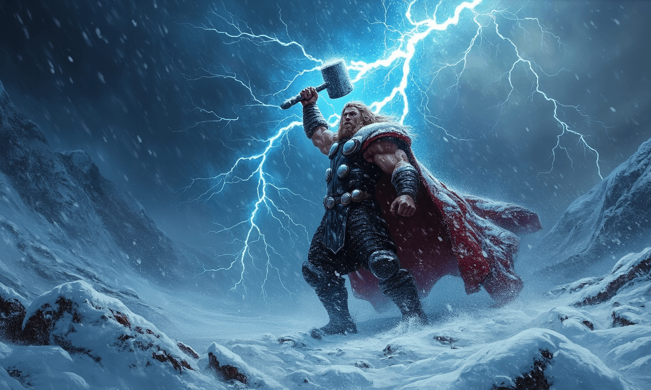 AI generated: Epic dark fantasy oil painting depicting Thor, the Norse god of thunder, in a fierce winter landscap...