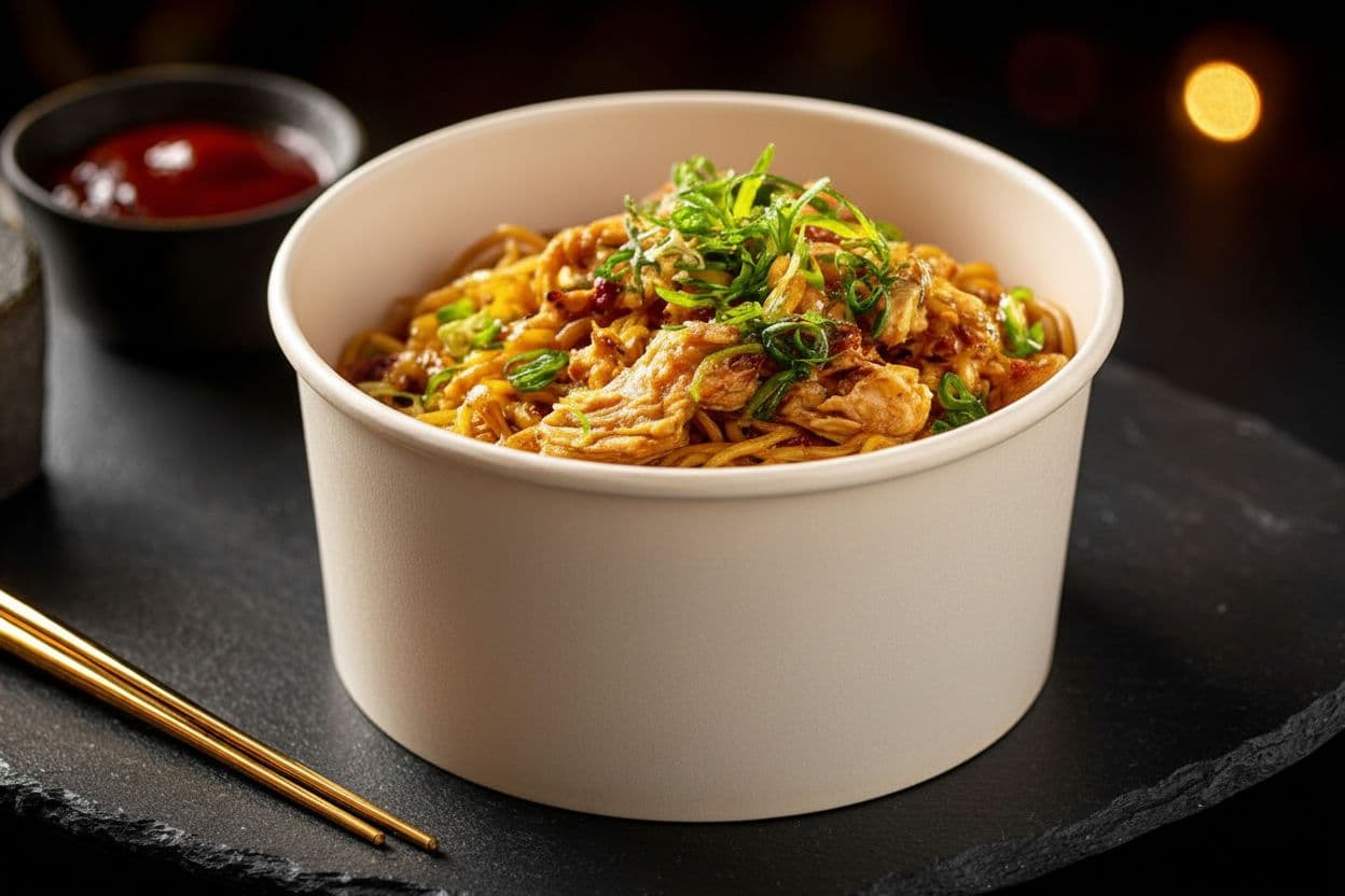 AI generated: Use the image to create the same dish in a paper bowl 
