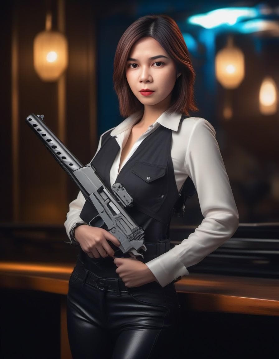 AI generated: murderer, thin body, pistol, confident pose, Full body, Paris, bright light, high detail, shine, HDR