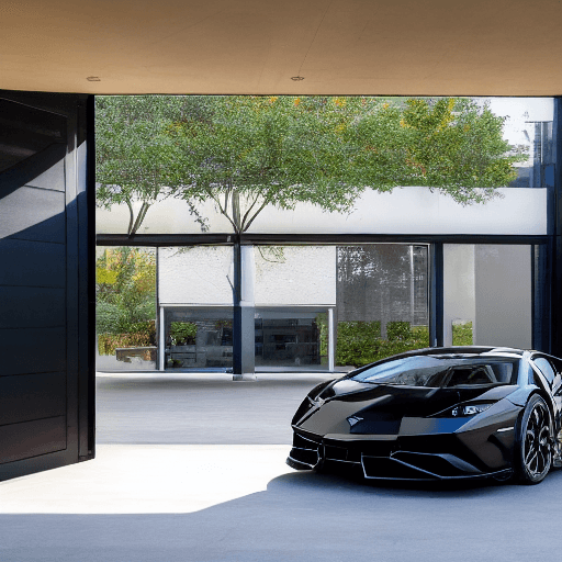 AI generated: Modernist building, black acm cladding, entry doors lamborghini butterfly doors, 
