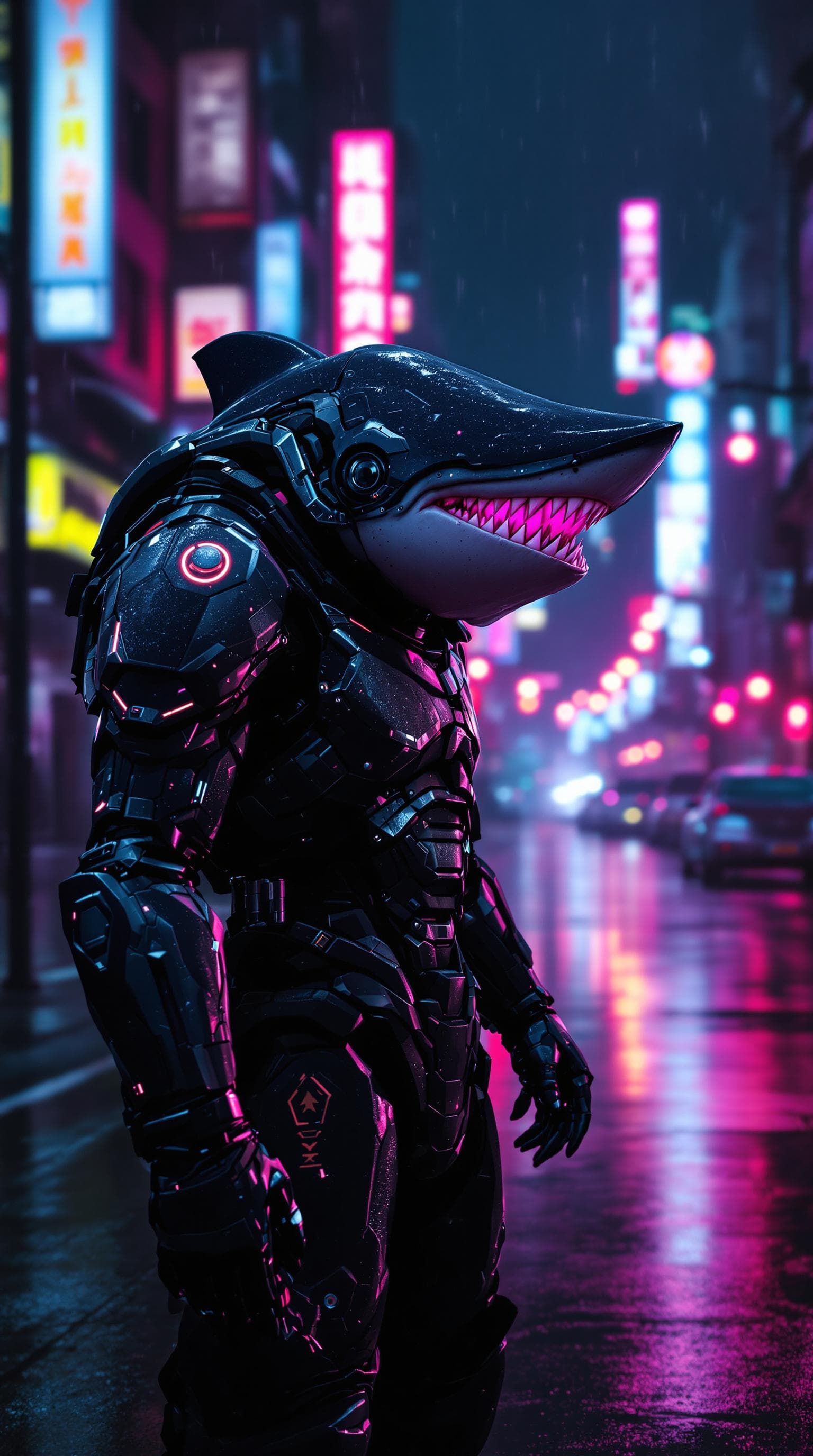AI generated: Cyborg version of a hammerhead shark in HiTech new armor. Posing In dark rainy   Dystopian city in t...