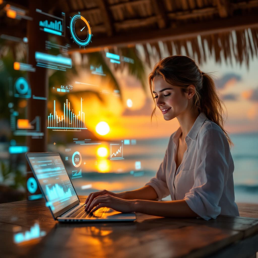 AI generated: A young professional woman working remotely from a beachside wooden hut, laptop open, tropical sunse...