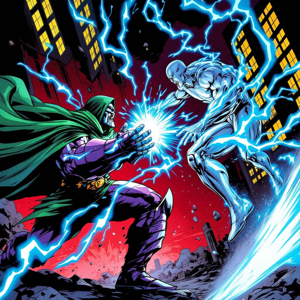 AI generated: "A dramatic comic book-style illustration of an intense battle between Doctor Doom and Silver Surfer...