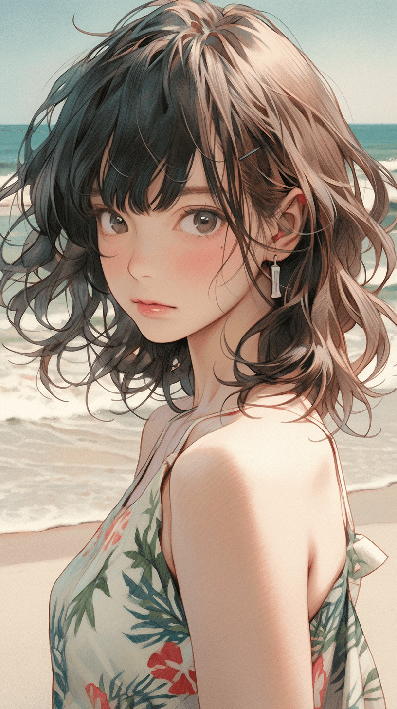 AI generated: anime girl in a floral dress is standing on the beach, in the style of realistic hyper-detailed port...