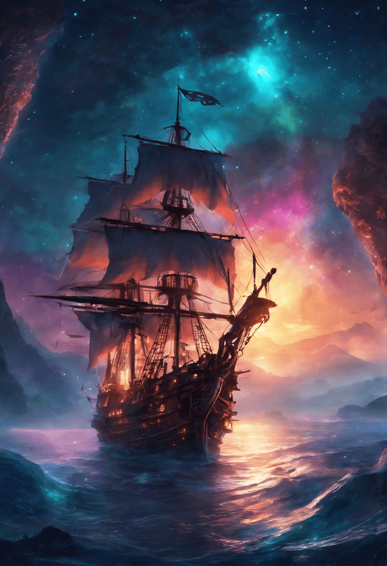 AI generated: (Pirate ship sailing into a bioluminescence sea with a galaxy in the sky), epic, 4k, ultra,
