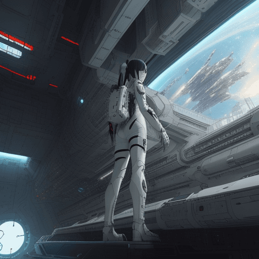 AI generated: Girl in spacesuit, spaceship inside, Tsutomu Nihei style, Sidonia no Kishi, gigantism, laser generat...