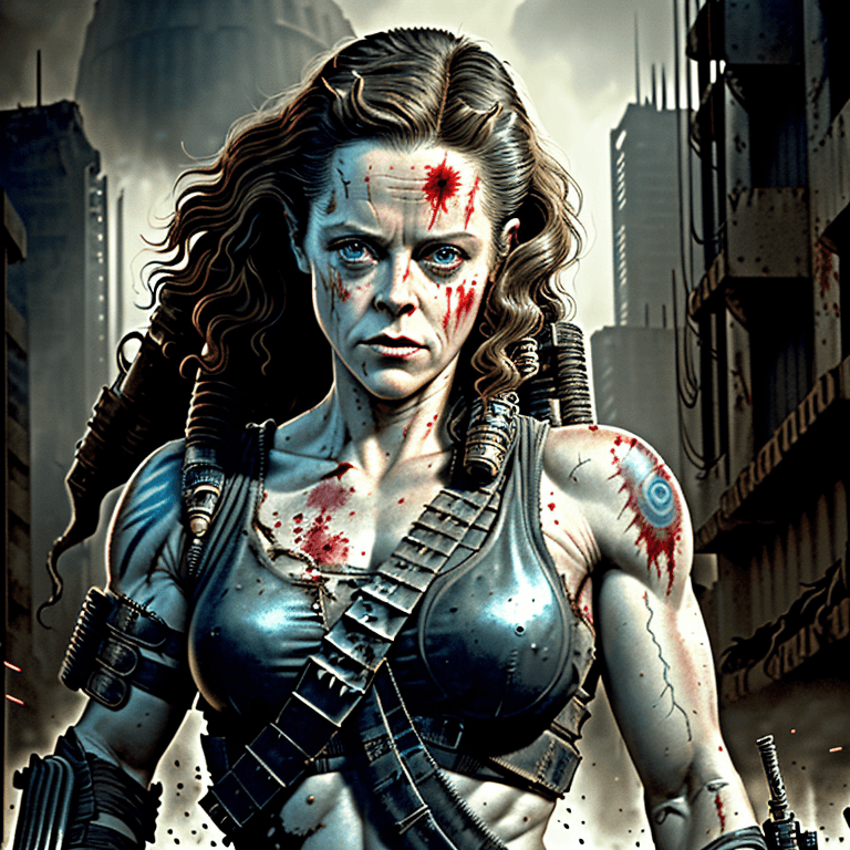 AI generated: portrait of young Sigourney Weaver as a mad max post apocalyptic female cyberpunk warrior, norse myt...