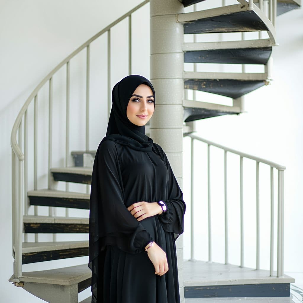 AI generated: full body portrait of Rania Youssef wearing black hijab in front of spiral staircase
