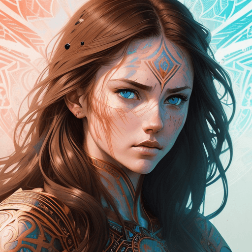 AI generated: strong warrior queen| with brown hair, blue eyes, symmetrical eyes, beautiful face, centered| key vi...