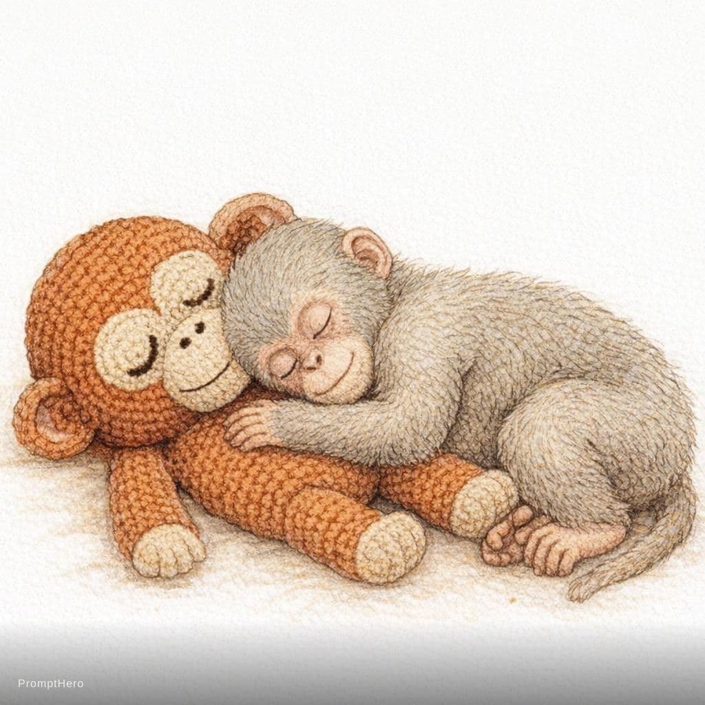 AI generated: vintage children's book illustration, cute baby monkey sleeping peacefully beside its crochet stuffe...