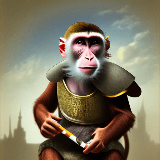 AI generated: hyperrealistic monkey smoking cigarettes during war in the middle age, he is sittin, in the backgrou...