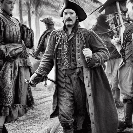 AI generated: A cinematic scene, Photograph from the fictional Oscar-winning historical drama 'Pirates' The candid...