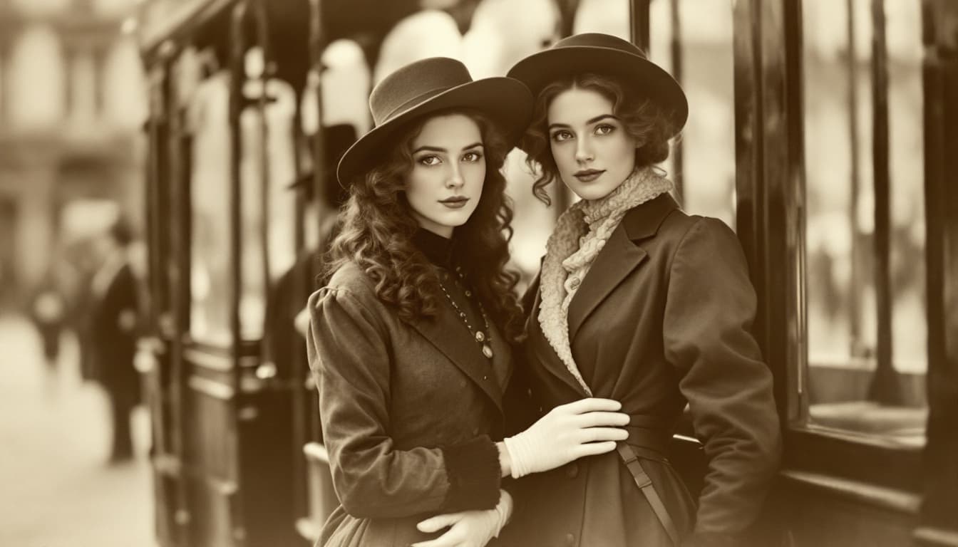 AI generated: sepia photography, two young french women, brown hair, tall and beautiful, standing In a tram of the...