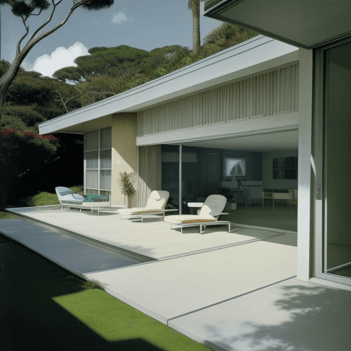 AI generated: Hyper realistic eye level exterior photo of a mid century modern style house overlooking the ocean, ...