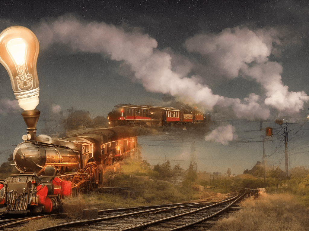 AI generated: Steam train, lightbulb, internet shown in front of a cloudy night sky; hyper-realistic; dynamic