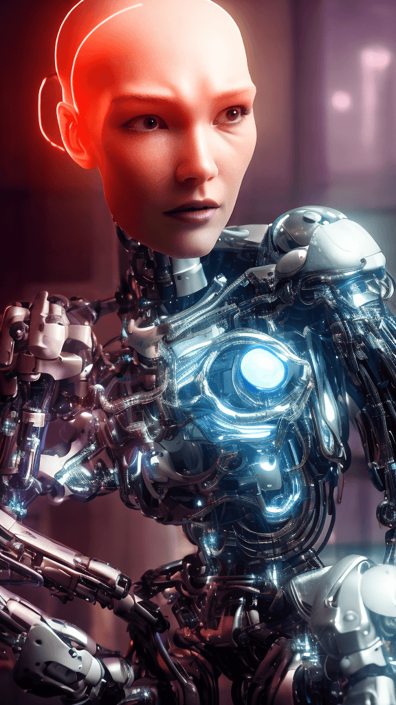 AI generated: a cyborg human made from robotic parts, a blend of human skin and mechanical components, illuminated...