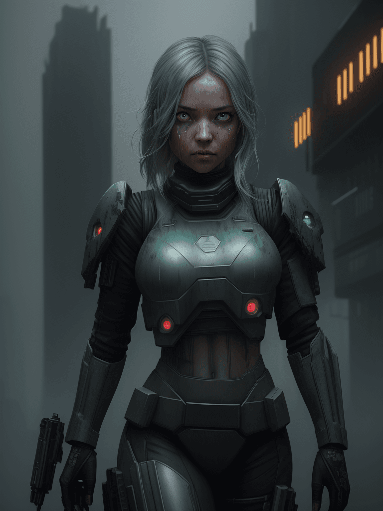 AI generated: a female bounty hunter, full body, reflective eyes, a dystopian city, rain, immersive background, vo...