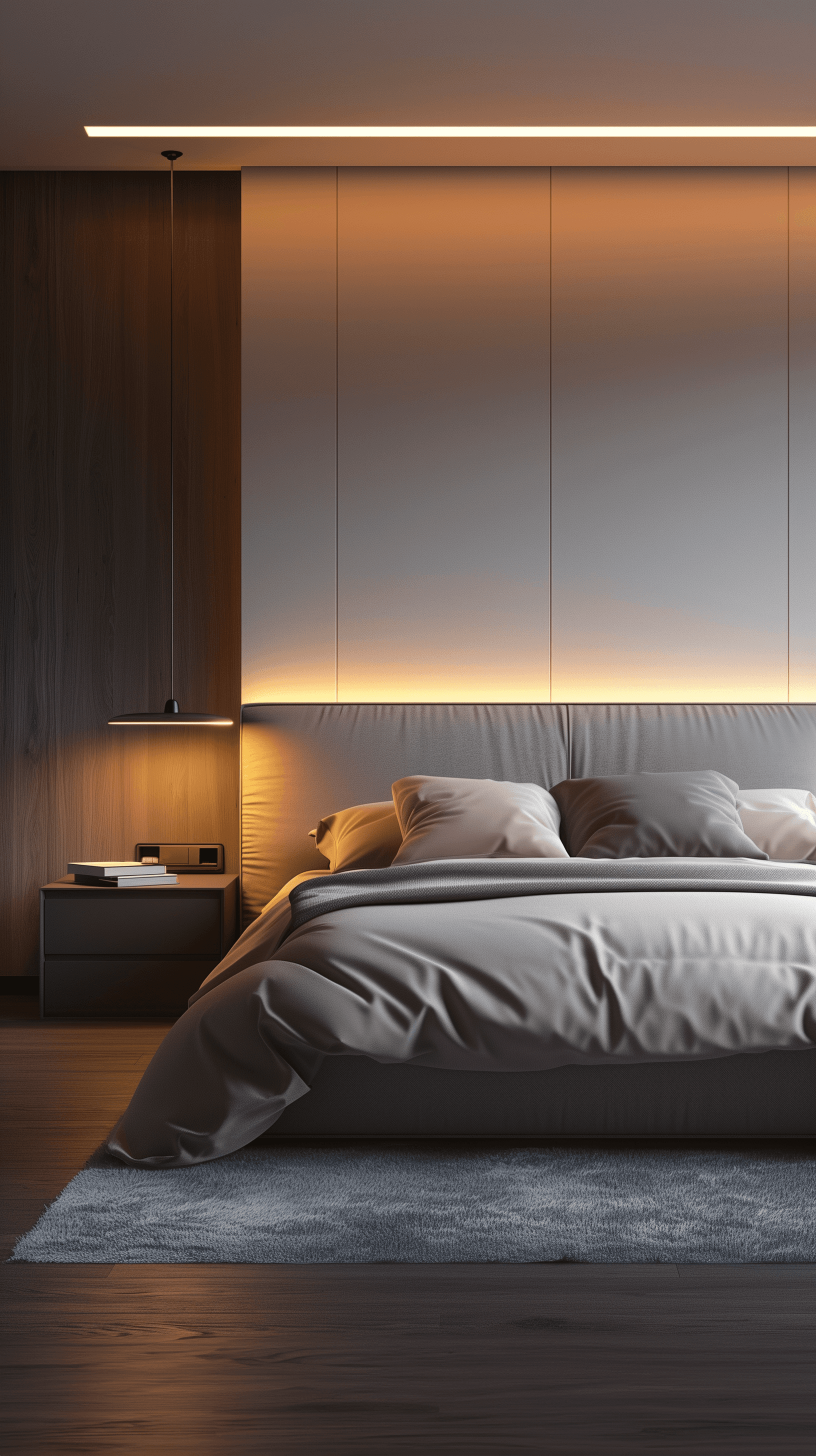 AI generated: tranquil bedroom design that emphasizes minimalism and comfort, featuring a low bed with a soft head...
