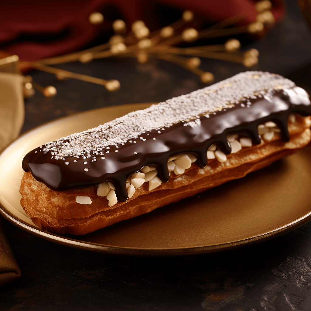 AI generated: Decadent Chocolate Treats Present a rich chocolate éclair with creamy filling on a background of dee...