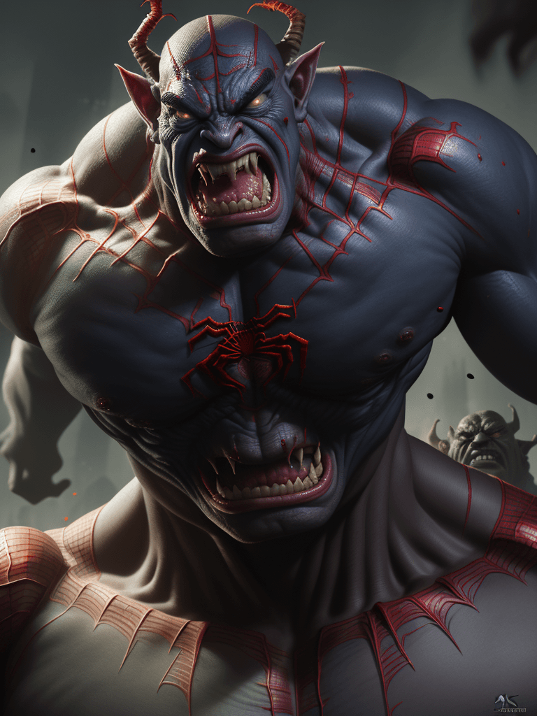 AI generated: body portrait, very angry spiderman orc, intimidating, menacing, powerful, low angle, horror, octane...