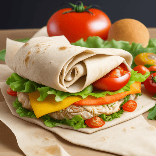 AI generated: food photography , studio photography , wrap in lavash, with chicken karrot tomato icberg , focus on...