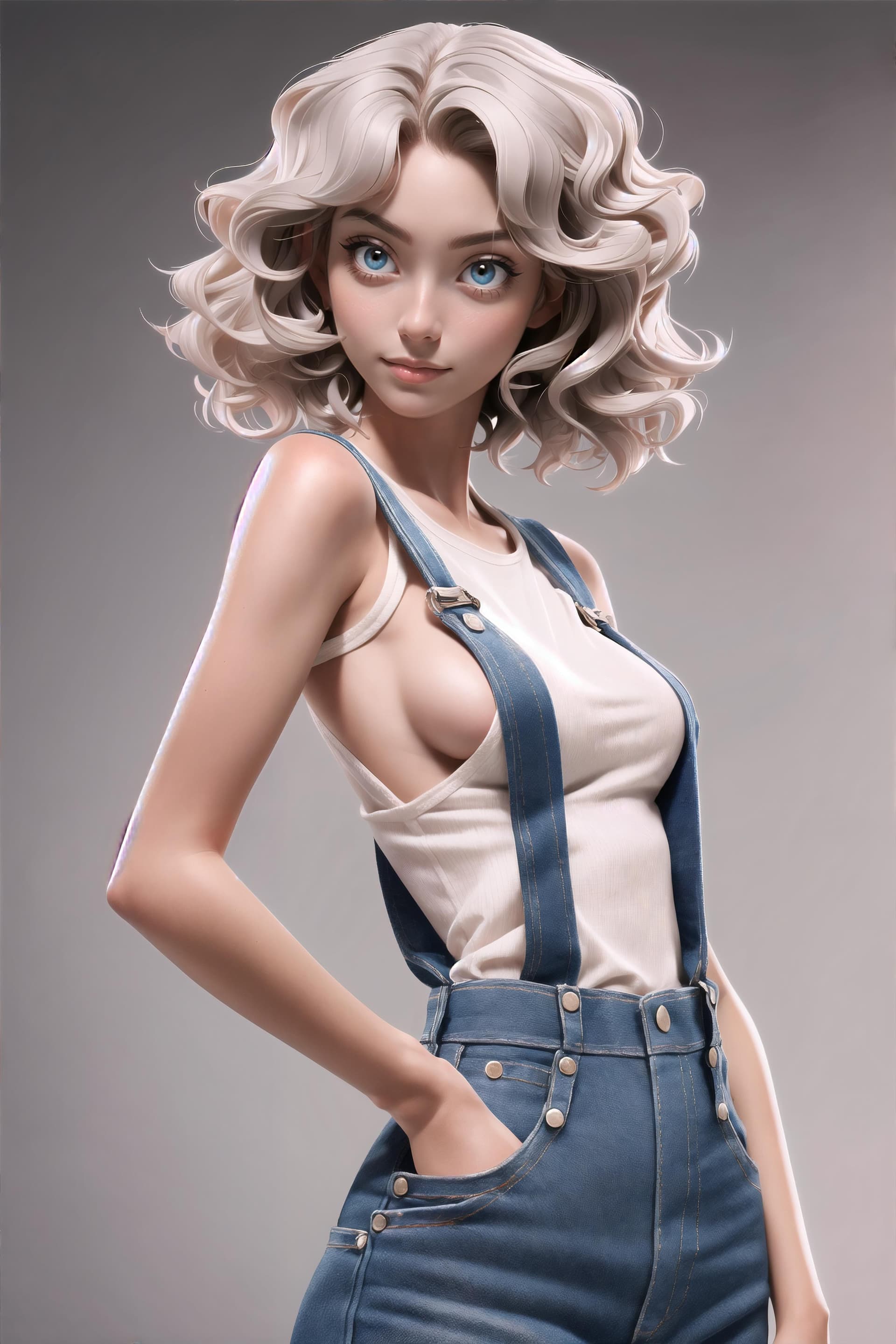 AI generated: slim, slender, looking at viewer, overalls, no bra, sideboob, short hair, wavy hair, (masterpiece), ...