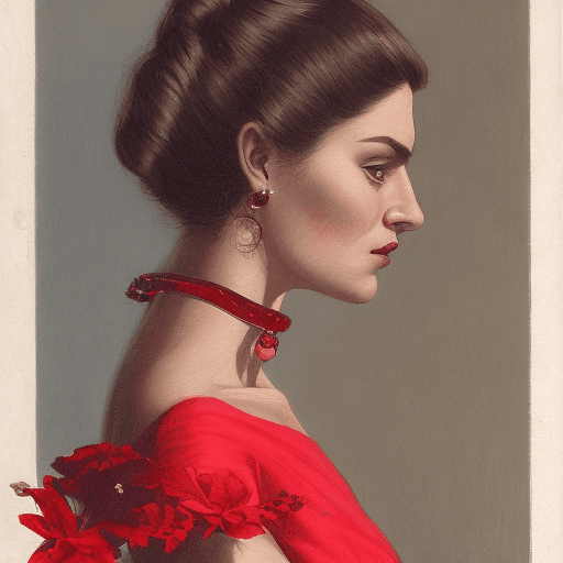 AI generated: .a woman in a red evening dress, with her hair tidy, holding a clutch bag, looking into the distance...