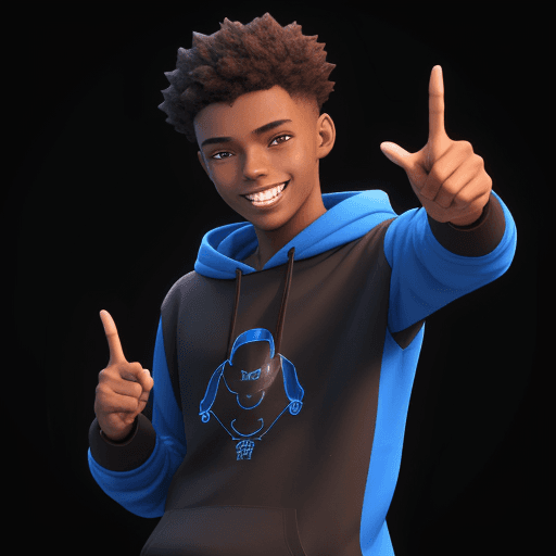 AI generated: a young man wearing blue sweatshirt, with a big smile and a finger pointing to the right side, 3d an...