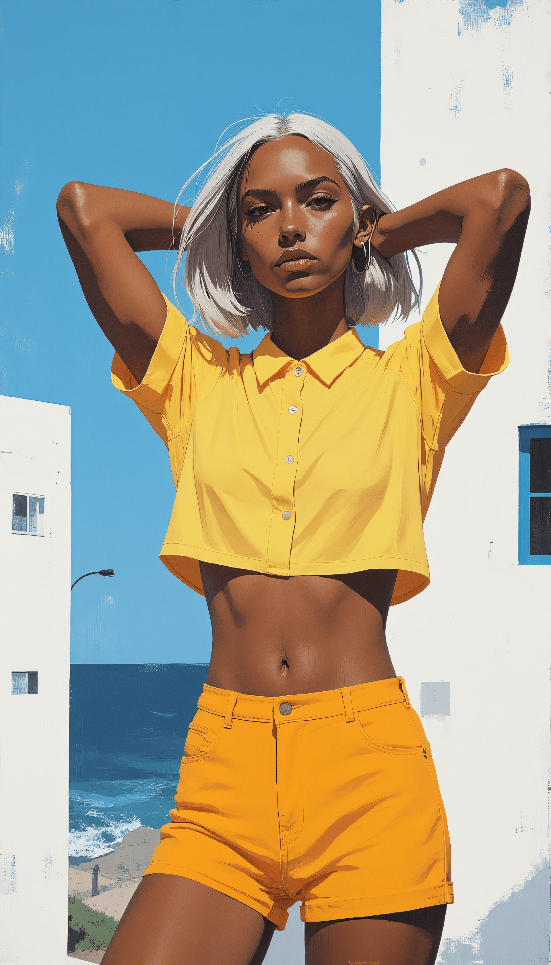 AI generated: semi-realistic fashion digital painting, in bright, airy aesthetic with moderatly saturated blue ton...