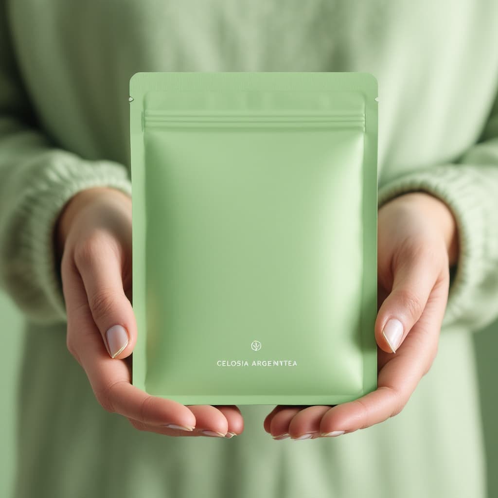 AI generated: Product Mockup of organic betalain packaging  in hands being held, inspired by Minimalism,

modern d...