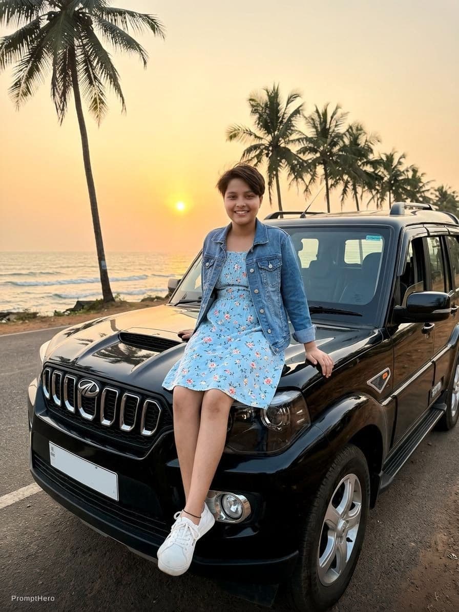 AI generated: A stylish young man posing beside a black  scorpio car parked on a scenic beachside road during suns...