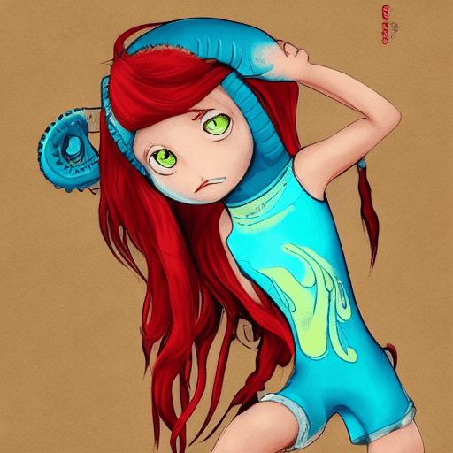AI generated: olo, inkling, inkling girl, red hair, long hair, tank top, jeans, blue eyes, tentacle hair,