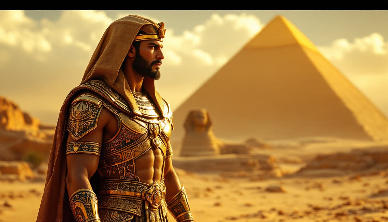 AI generated: In the style of ancient Egypt, a mighty pharaoh clad in golden armor, standing in the desert with th...