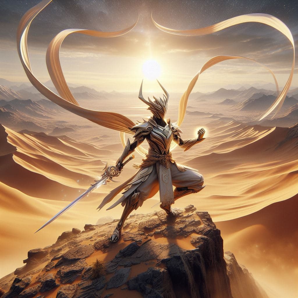 AI generated: Hachiman is seen in his Solar Sentinel skin, standing on a mountaintop overlooking a vast desert. He...