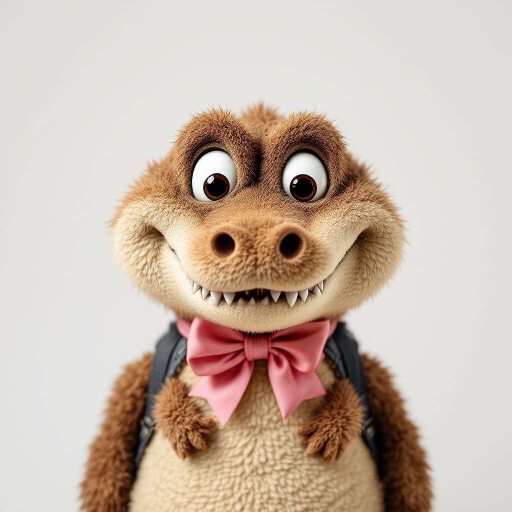 AI generated: very disgust face brown fluffy crocodile wearing a pink bow on white background.
