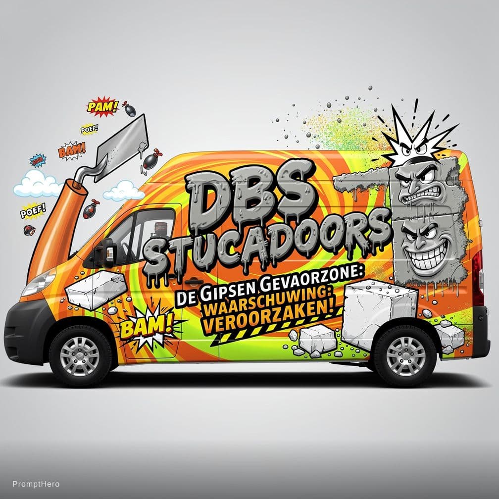AI generated: Opdracht: De Werkbus-Opdruk voor DBS Stucadoors - "De Gipsen Gevaarzone: Waarschuwing: Kan Lachen Ve...