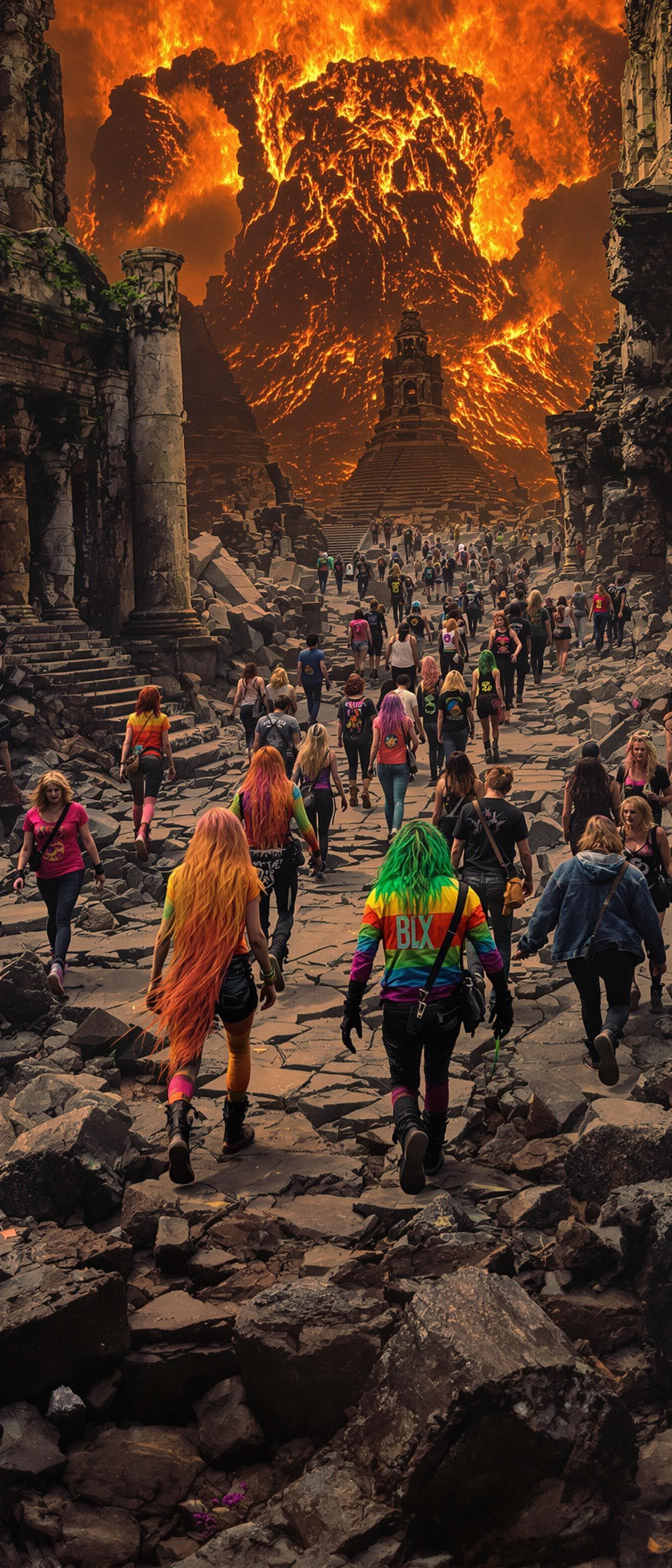 AI generated: 64K, UHD Photorealistic Horror Photo of the heavy metal band Motley Crue as zombies wearing rainbow ...
