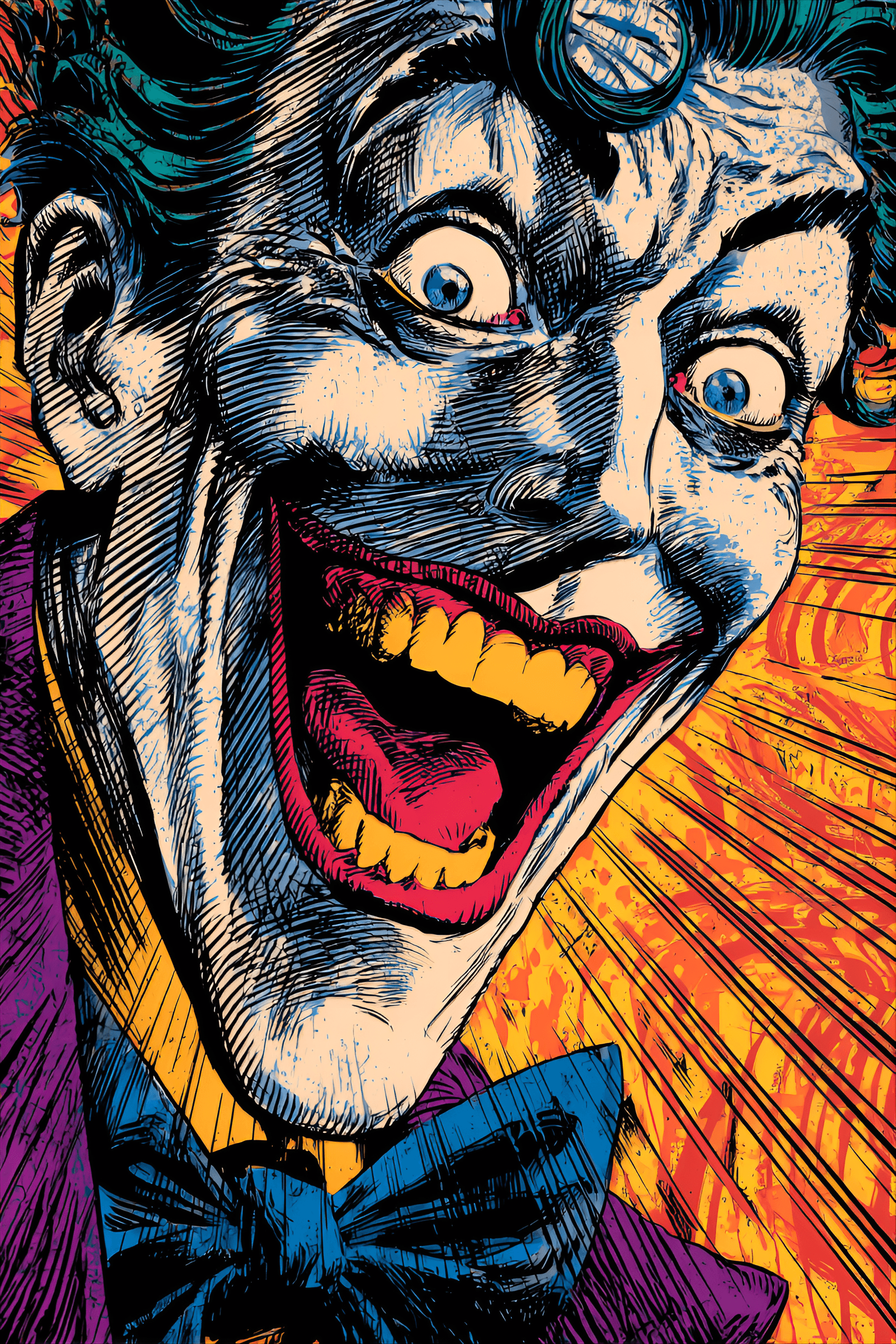 AI generated: Close-up portrait of the Joker, comic book style,  wide, manic grin, exaggerated features,  adult ma...