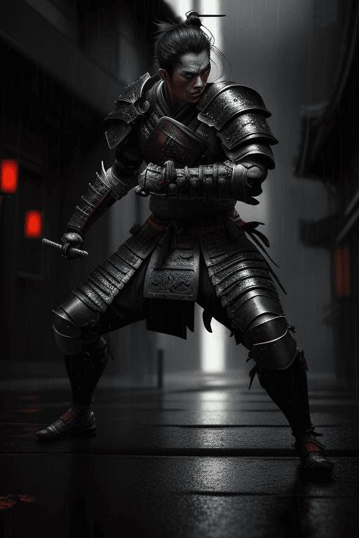 AI generated: Male fighter character with samurai ancient armor, dark ancient rainy city, dynamic pose, action sce...